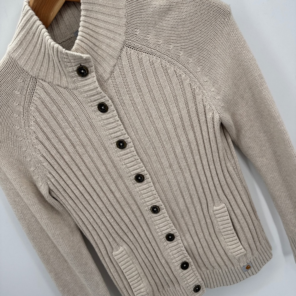 Carhartt Cardigan Womens M Oatmeal Cable Knit Ribbed Button Front Sweater